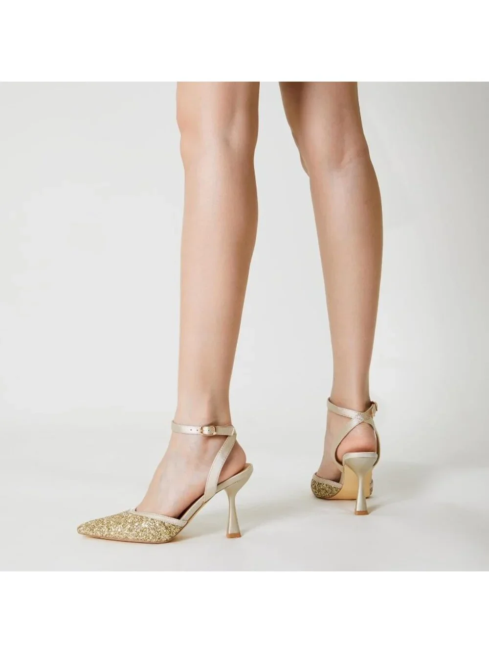 Women's Gold Slingback Pointed Toe Stiletto Heels Ankle Strap Dress Shoes